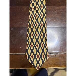 Blue, gold, and burgundy jewel toned geometric pattern silk necktie